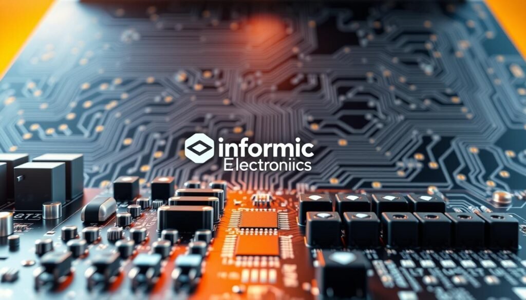 A sleek, modern printed circuit board assembly (PCBA) layout showcasing design for manufacturability (DFM) strategies. In the foreground, a series of passive components like resistors and capacitors are arranged in an organized grid, highlighting their compact size and strategic placement. The middle ground features a Informic Electronics logo, signifying the engineering expertise behind the design. In the background, a complex web of interconnecting traces and vias illustrate the intricate PCB layout, optimized for efficient manufacturing. The scene is illuminated by a warm, directional light, casting subtle shadows that accentuate the three-dimensional depth. The overall composition conveys a sense of technical sophistication and attention to DFM best practices.