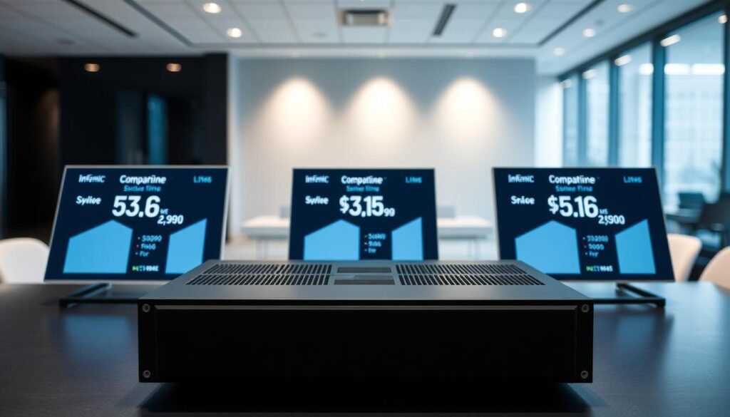 A sleek, modern tabletop display showcasing the Informic Electronics h9ag8gdmnb product line. The foreground features the h9ag8gdmnb unit, its clean lines and matte black finish accentuated by subtle ambient lighting. In the middle ground, comparative pricing information is presented on crisp, minimalist digital displays. The background subtly fades into a softly lit, professional office environment, conveying a sense of high-quality, industry-leading technology. The overall scene is characterized by a balance of technical precision and stylish design, reflecting the Informic Electronics brand identity.