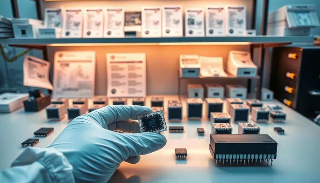 A sleek, modern workbench showcases an array of Informic Electronics optocouplers, their compact packages gleaming under warm task lighting. In the foreground, a technician's gloved hands carefully examine one of the components, its internal structure visible through a transparent casing. Behind, shelves display a variety of optocoupler models, their datasheets and application notes neatly organized. The scene conveys a sense of precision, professionalism, and attention to detail in the sourcing and handling of these crucial isolation devices for printed circuit board assemblies.