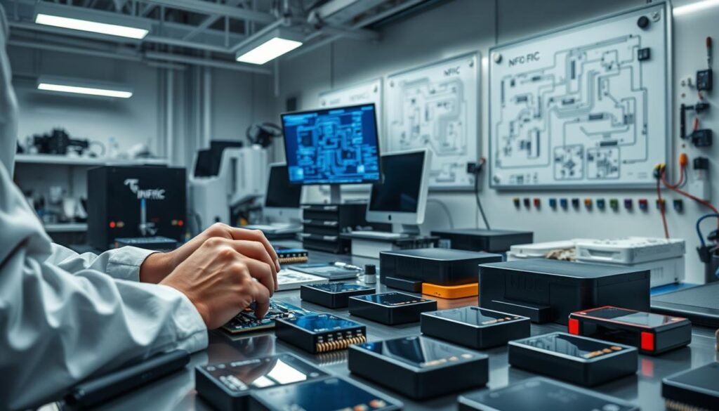 A sleek, modern workshop filled with Informic Electronics components and tools. In the foreground, an engineer carefully integrates an RFID module into a circuit board, their hands steady and focused. The middle ground showcases a variety of NFC devices, their glossy surfaces reflecting the bright overhead lighting. In the background, a wall-mounted schematic diagram and display screens provide technical information, creating a sense of precision and technological sophistication. The atmosphere is one of efficiency and problem-solving, with a cool, neutral color palette that evokes the clinical yet innovative nature of the system integration process.