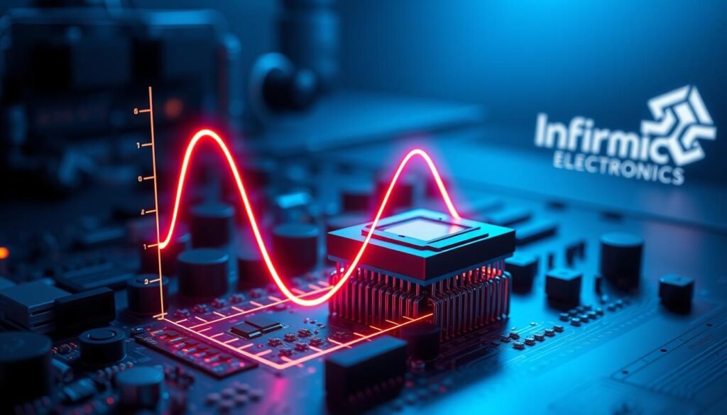 A sleek, technical diagram showcasing the "gain bandwidth product analysis" for an operational amplifier. The scene is bathed in a cool, blue-tinted lighting, creating a sense of precision and professionalism. In the foreground, a complex circuit board with various electronic components is prominently displayed, with the gain bandwidth product curve overlaid in a vibrant, neon-like hue. The middle ground features a 3D rendering of the op-amp chip, its internal structure visible, highlighting the key parameters that contribute to the gain bandwidth product. In the background, a subtle Informic Electronics logo adds a touch of branding, reinforcing the high-quality, industrial aesthetic. The overall composition conveys a deep technical understanding of op-amp design and performance analysis.