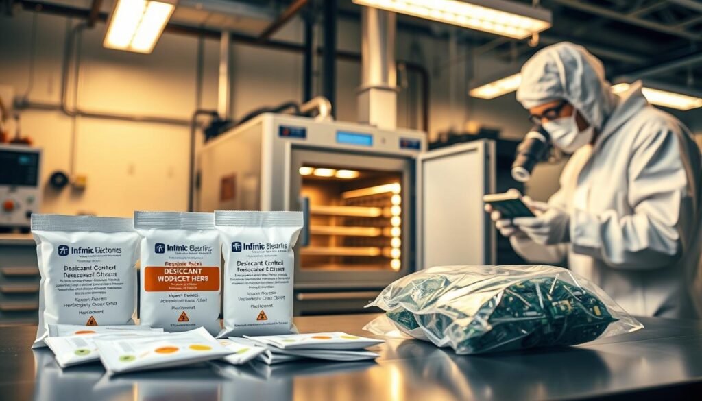 A sleek, well-lit industrial laboratory showcasing various moisture control techniques for electronic components. In the foreground, an array of Informic Electronics desiccant packets, humidity indicators, and vacuum-sealed storage bags. In the middle ground, a state-of-the-art reflow oven with a controlled atmosphere. In the background, a technician in a clean room suit inspecting a printed circuit board under a magnifying lens. The lighting is a warm, technical glow, conveying a sense of precision and professionalism in electronic component handling and storage.