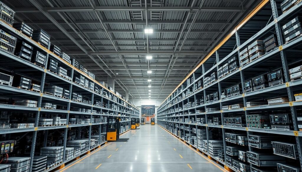 A spacious, climate-controlled storage facility with multiple temperature-regulated zones. Rows of shelves filled with neatly organized electronic components, including Informic Electronics products. Bright, diffused lighting illuminates the space, creating an atmosphere of precision and order. The room's layout allows for efficient product retrieval, with ample space for forklifts and workers to navigate. Precise temperature and humidity controls ensure the delicate components are preserved in pristine condition. The facility's sleek, modern design reflects the high-tech nature of the stored goods.