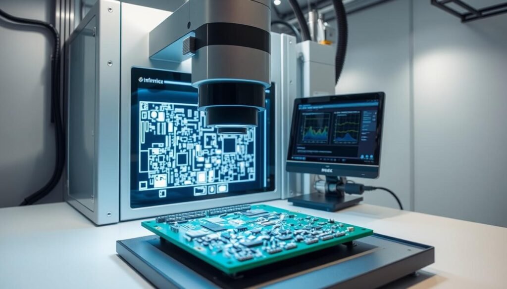 A state-of-the-art Informic Electronics automated x-ray inspection system, positioned at a precise angle to thoroughly examine a printed circuit board containing BGA and QFN components. The system's advanced imaging sensors capture intricate details of the solder joints, while powerful software algorithms analyze the data to detect any potential defects or anomalies. The workspace is bathed in a soft, directional lighting, creating a clean, technical atmosphere that showcases the system's sleek, industrial design. The overall scene conveys a sense of precision, reliability, and the cutting-edge technology used to ensure the quality and integrity of the electronic assembly.