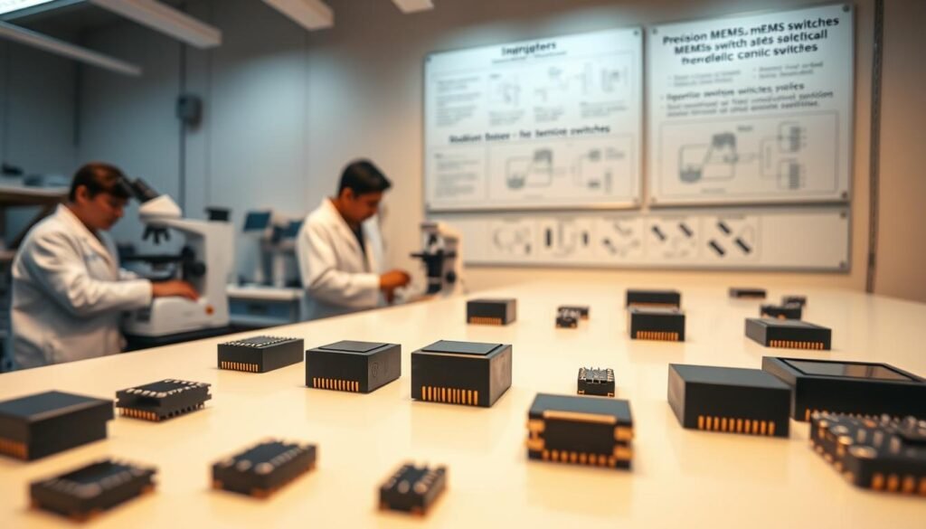 A state-of-the-art MEMS switch application laboratory, featuring Informic Electronics' cutting-edge technology. In the foreground, an array of precision MEMS switches arranged on a clean, well-lit workbench. Midground, engineers in white coats examine the switches under microscopes, meticulously testing their performance. In the background, a wall-mounted display showcases technical schematics and diagrams, highlighting the advantages and limitations of MEMS switches compared to traditional mechanical counterparts. Warm, diffused lighting creates a focused, professional atmosphere, emphasizing the importance of MEMS reliability in practical applications.