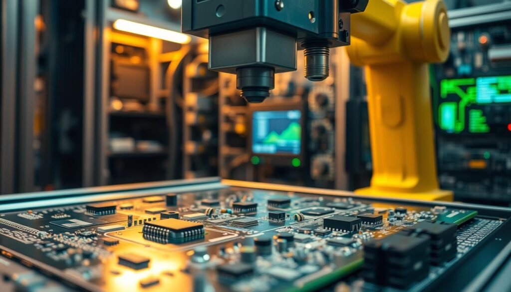 A state-of-the-art precision component placement system by Informic Electronics, featuring a high-resolution camera, advanced motion control, and pinpoint accuracy. In the foreground, delicate electronic components are meticulously positioned on a gleaming circuit board, bathed in warm, diffused lighting. The middle ground showcases the robotic arm's elegant movements, precisely aligning each part. In the background, a complex array of sensors and software monitors every step of the placement process, ensuring a flawless, high-density assembly. The scene conveys a sense of technological sophistication, emphasizing the care and precision required for this critical stage of electronics manufacturing.