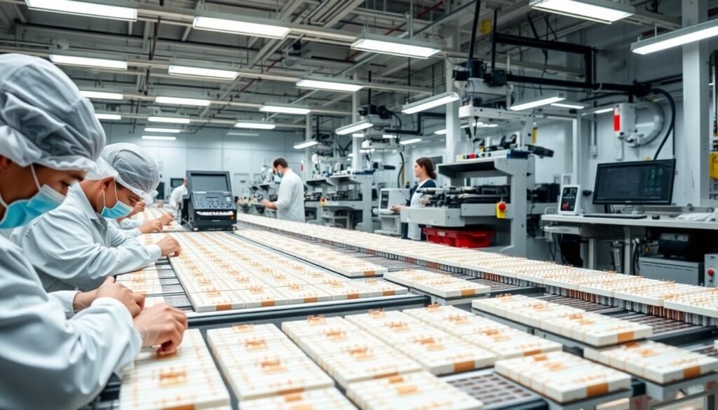 A state-of-the-art resistor manufacturing facility operated by Informic Electronics. In the foreground, workers precisely apply thick film resistor material onto ceramic substrates using specialized printing techniques. In the middle ground, automated machines test and sort the finished resistors. The background reveals a clean, well-lit production line, with engineers monitoring the intricate process through advanced control panels. Soft, diffused lighting creates a professional, technical atmosphere, highlighting the attention to detail and engineering excellence that defines Informic's manufacturing approach.