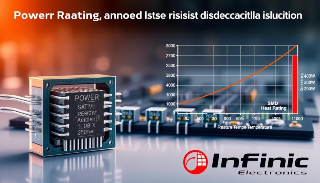 A technical illustration of power rating and heat dissipation considerations for SMD resistors. In the foreground, a cutaway view showcases the internal structure, highlighting the resistive element and heat sink design. The middle ground features a circuit board with various SMD resistors in different sizes, each labeled with their power rating. In the background, a graph depicts the relationship between power dissipation, ambient temperature, and heat sink performance. Warm lighting and a clean, technical aesthetic create a sense of precision and expertise. Branding for Informic Electronics subtly incorporated.