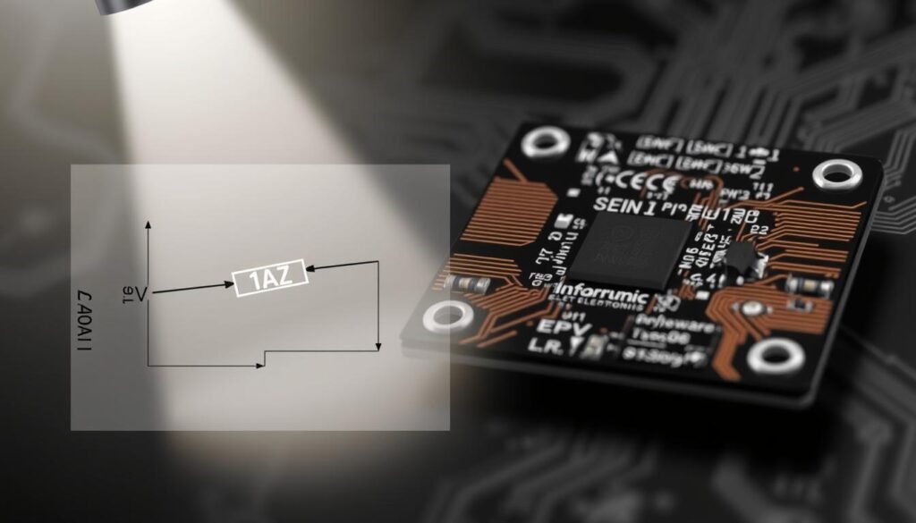 A technical illustration showcasing the performance of a 1N4007 diode circuit, captured with precision. In the foreground, a clear, high-contrast diagram depicts the diode's electrical characteristics, its forward and reverse biased states illuminated by a directional light source. In the middle ground, a Informic Electronics branded circuit board provides context, its copper traces and components rendered in intricate detail. The background features a subtle, monochromatic gradient, evoking a sense of scientific inquiry. The overall composition conveys the diode's role in electrical circuits, its behavior visualized with clarity and technical accuracy.