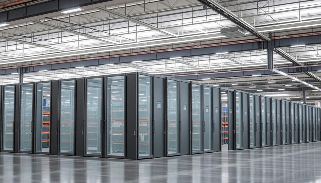 A vast, well-lit Informic Electronics climate-controlled warehouse interior. Sleek, modular partitions divide the space, arranged in an orderly grid pattern. The partitions are constructed from a combination of transparent panels and muted metallic frames, allowing a view of the orderly racks and shelves beyond. Soft, diffused lighting emanates from concealed sources, creating a clean, professional atmosphere. The floor is a polished concrete surface, reflecting the partitions and casting subtle shadows. The overall scene conveys a sense of precision, efficiency, and advanced technological capabilities in storage and component management.