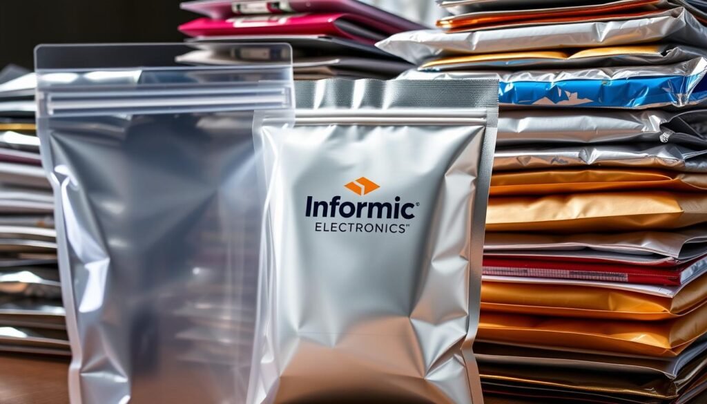 A well-lit, detailed close-up of various moisture barrier bag solutions from Informic Electronics. In the foreground, a transparent vacuum-sealed bag showcases the advanced moisture-locking technology. The middle ground features a metallic mylar pouch with a prominent Informic Electronics logo, hinting at the brand's expertise. In the background, stacks of diverse moisture barrier packaging options, including resealable ziplock bags and multi-layered foil pouches, create a comprehensive display of the company's comprehensive dry packaging solutions.