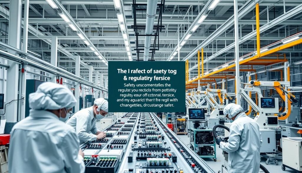 A well-lit factory interior, showcasing the assembly line of Informic Electronics' state-of-the-art manufacturing facility. In the foreground, workers in pristine white uniforms carefully follow a series of safety compliance protocols, meticulously inspecting each component and verifying its authenticity. The middle ground features a large, prominent display board outlining the company's commitment to safety and regulatory adherence, emphasized by bold, clean typography. In the background, a panoramic view of the production floor, with robotic arms and precise machinery operating in perfect synchronization, ensuring the highest standards of quality and efficiency.