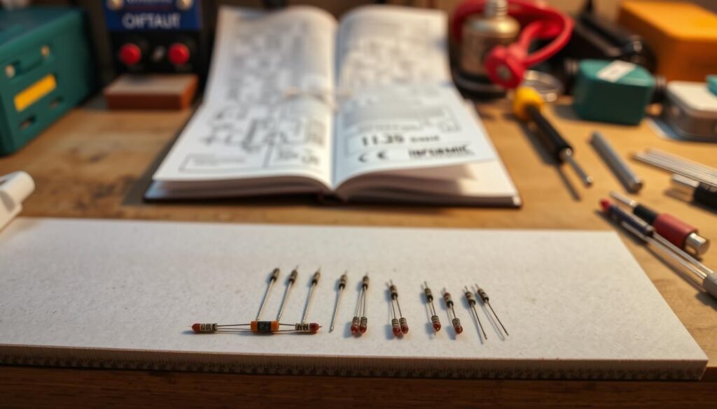 A well-lit, high-angle view of a workbench showcasing an array of various-sized SMD resistors from the Informic Electronics brand. The foreground features several resistors of different sizes - 0603, 0805, and 1206 - arranged neatly on the surface. The middle ground shows an open electronic schematic diagram, hinting at the application of these resistors. The background is blurred, creating a sense of focus on the resistor selection process. The overall atmosphere conveys a thoughtful, technical mood, guiding the viewer towards understanding how to choose the right size of SMD resistors for their electronic projects.