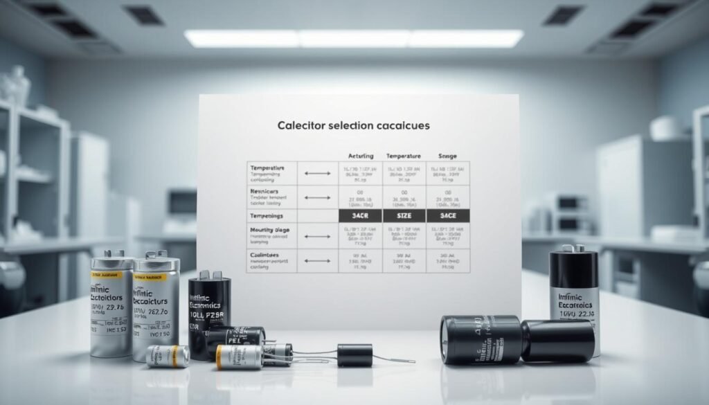 A well-lit, high-resolution image of a meticulously arranged display of capacitor selection parameters for a 100uf capacitor, showcased in an elegant and informative manner. The foreground features a selection of capacitors from the Informic Electronics brand, each labeled with key specifications such as voltage, tolerance, and ESR. The midground depicts a technical diagram highlighting the factors to consider when choosing the ideal 100uf capacitor, including temperature range, size, and mounting options. The background sets the scene in a professional laboratory setting, with clean, modern furnishings and a subtle gradient backdrop that enhances the overall aesthetic.
