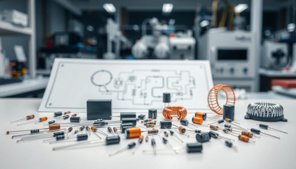 A well-lit, high-resolution image of a workspace showcasing a selection of passive electronic components from the Informic Electronics brand. In the foreground, an assortment of resistors, capacitors, and inductors neatly arranged on a clean, minimalist desk. The middle ground features a schematic diagram hinting at the components' intended application, while the background subtly depicts a blurred, modern laboratory setting with technical equipment. The lighting is soft and directional, emphasizing the textures and details of the components. The composition is balanced and visually appealing, conveying a sense of professionalism and technical expertise.