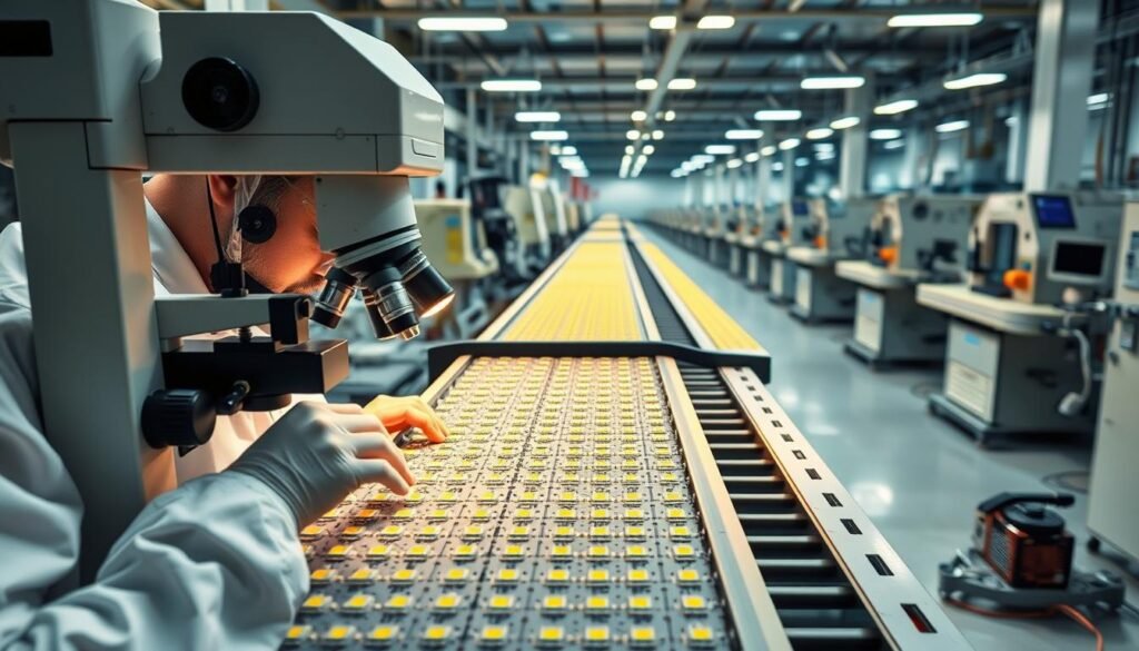 A well-lit, high-resolution image of the LED binning process at the state-of-the-art Informic Electronics manufacturing facility. In the foreground, a technician carefully sorts and classifies individual LED chips under a precision microscope, analyzing their luminous flux, color temperature, and forward voltage. In the middle ground, a conveyor belt transports the binned LEDs to specialized packaging stations. The background shows a clean, organized production line with rows of advanced testing equipment and assembly stations. The overall atmosphere conveys a sense of technical expertise, quality control, and efficient manufacturing.