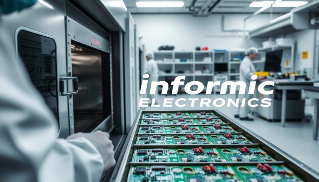 A well-lit industrial setting, showcasing the intricate process of baking moisture-sensitive electronic components. In the foreground, a row of trays containing printed circuit boards (PCBs) rests inside a precision-engineered oven, as technicians in clean room attire carefully monitor the baking conditions. The middle ground reveals the Informic Electronics logo, underscoring the brand's commitment to quality control. In the background, a clean, organized workspace with shelves and workstations, reflecting the attention to detail and process standardization. The scene conveys a sense of professionalism, technical expertise, and a focus on maintaining the integrity of these critical electronic components.