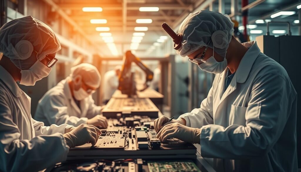 A well-lit, industrial-style scene showcasing a rigorous quality control process for electronics manufacturing at Informic Electronics. In the foreground, workers in white lab coats meticulously inspect circuit boards, using specialized tools and instruments. The middle ground features an automated testing station, with robotic arms precisely testing components. In the background, a state-of-the-art production line moves with synchronized efficiency, highlighting the company's commitment to supply chain security and product excellence. Warm, natural lighting illuminates the scene, conveying a sense of professionalism and attention to detail.