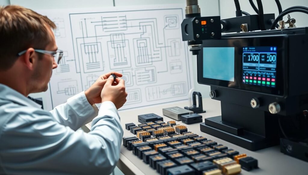A well-lit laboratory setting showcasing the "Informic Electronics" connector force testing process. In the foreground, a technician carefully inserts a connector into a specialized test fixture, meticulously monitoring the insertion and retention forces on a digital display. The middle ground features an array of various connector types, each awaiting their turn for rigorous evaluation. The background subtly depicts technical diagrams and engineering schematics, creating a sense of precision and scientific inquiry. Soft, diffused lighting illuminates the scene, emphasizing the importance of this crucial quality assurance step in the connector manufacturing workflow.