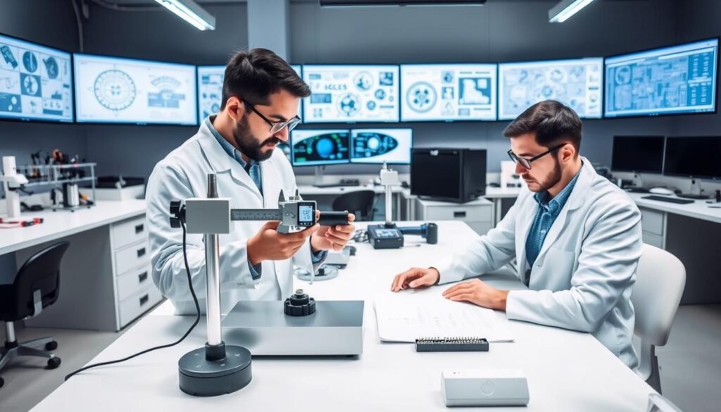 A well-lit laboratory setting with a sleek, modern desk showcasing the rigorous testing of a Informic Electronics connector. In the foreground, an engineer in a white lab coat carefully measures the insertion and retention forces using a specialized test apparatus. The middle ground features various tools and equipment, while the background displays a wall of technical diagrams and monitoring screens, conveying the precision and attention to detail required for optimizing connector performance through reliable testing.