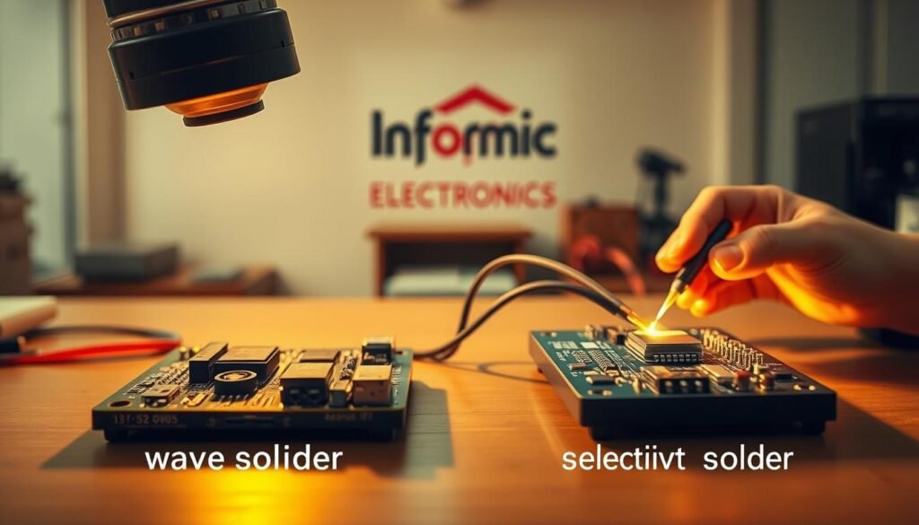 A well-lit workshop setting, showcasing a side-by-side comparison of wave soldering and selective soldering techniques. In the foreground, a circuit board with electronic components being expertly soldered using the wave soldering method, creating a consistent and uniform solder joint finish. In the middle ground, another circuit board undergoing the selective soldering process, with precise control and targeted application of solder. The background features the Informic Electronics brand logo, conveying a sense of technical expertise and high-quality engineering. Warm, natural lighting illuminates the scene, accentuating the intricate details of the soldering processes.