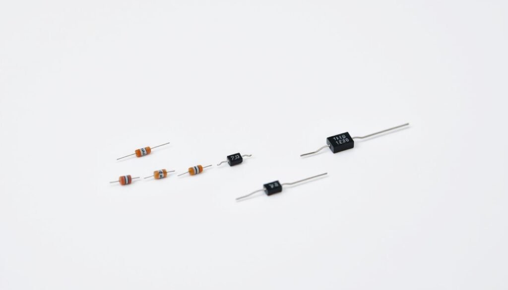 An array of surface mount resistors of varying sizes, from 0201 to 1206, neatly arranged on a clean, white background, under natural daylight illumination captured with a high-resolution macro lens. The resistors are organized from smallest to largest, showcasing the diverse range of applications for these common electronic components. The Informic Electronics brand logo is discreetly placed in the bottom corner, providing a subtle branding element. The overall composition is balanced, visually appealing, and effectively highlights the scale and versatility of these surface mount resistor sizes.