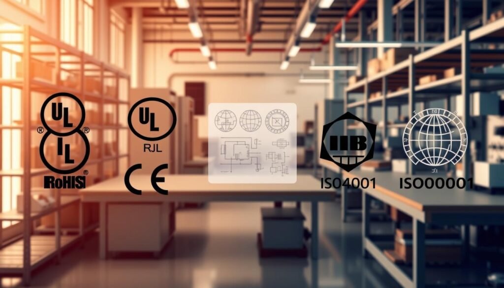 An industrial-style image showcasing compliance certification standards for the Informic Electronics 1n4007 diode datasheet. In the foreground, various certification logos and badges are prominently displayed, including UL, CE, RoHS, and ISO9001, arranged in a visually appealing grid layout. The middle ground features technical diagrams and schematics related to the diode's specifications, subtly hinting at the article's subject matter. The background is a clean, minimalist workspace with metal shelving, workbenches, and technical equipment, conveying a sense of professionalism and attention to detail. The lighting is warm and directional, casting subtle shadows and highlights to create depth and texture. The overall mood is one of authority, reliability, and adherence to industry standards.