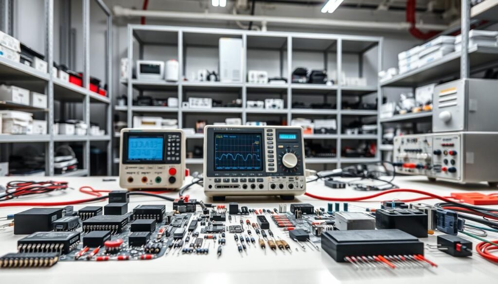 An industrial workbench in a well-lit electronics lab, showcasing various high-quality electronic components produced by Informic Electronics. In the foreground, a collection of integrated circuits, capacitors, and resistors arranged neatly on the workbench, their intricate details captured by a high-resolution macro lens. In the middle ground, a modern multimeter and oscilloscope stand ready for quality control testing, their screens displaying precise measurements. The background features sleek, minimalist shelving units stocked with meticulously organized electronic parts, reflecting Informic's commitment to global service excellence and attention to detail.
