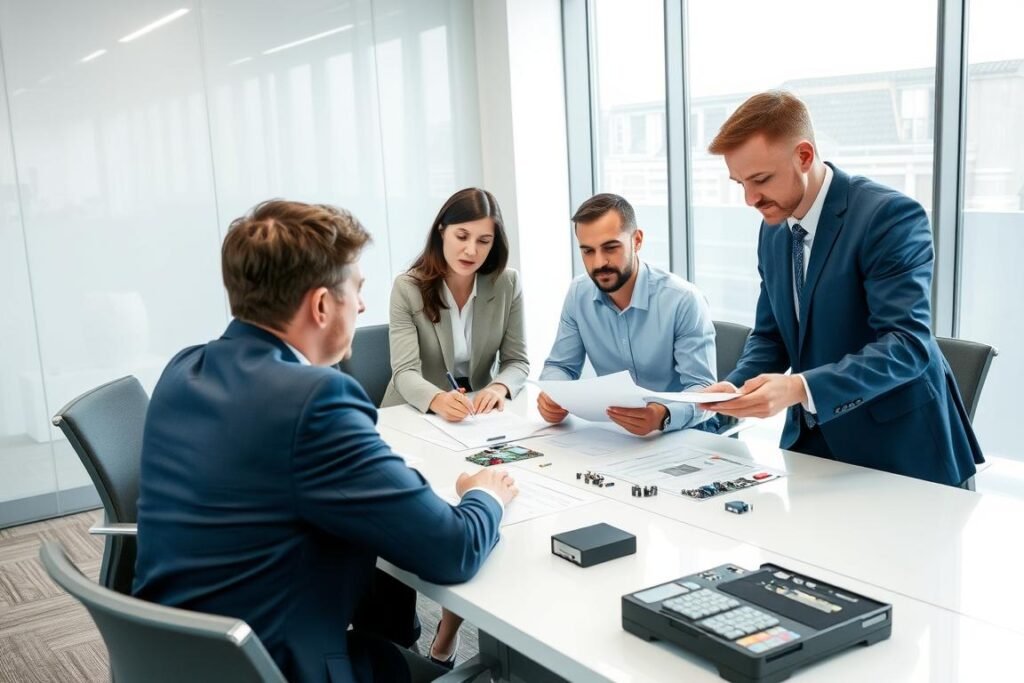 Business meeting between procurement team and electronic supplier representatives