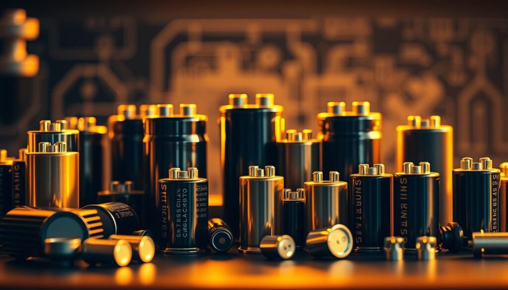 Capacitor power ratings, a technical showcase of Informic Electronics' engineering prowess. A meticulously crafted close-up view, capturing the intricate details of these essential components. Warm golden lighting casts a subtle glow, highlighting the precise engineering and sturdy construction. The mid-ground features an array of diverse capacitor models, showcasing their varied shapes and sizes. In the background, a softly blurred technical blueprint provides context, hinting at the broader design considerations. The overall mood is one of precision, innovation, and the seamless integration of form and function.