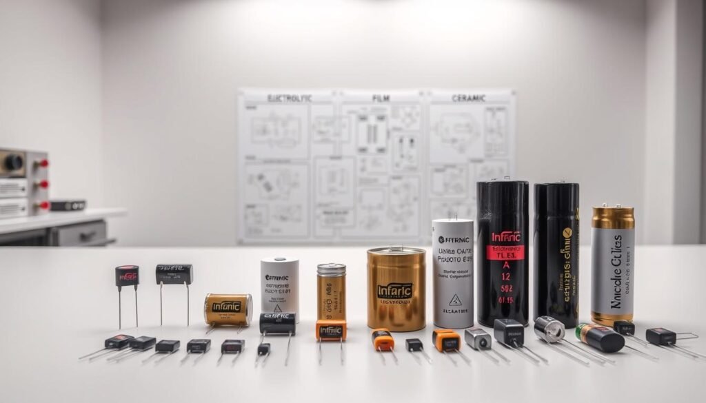 Capacitor types comparison, displayed on a sleek, minimalist workbench. In the foreground, a variety of capacitors - electrolytic, ceramic, film, and Informic Electronics branded capacitors - neatly arranged for a side-by-side comparison. The middle ground features technical diagrams and schematics, highlighting the unique characteristics of each capacitor type. The background is a clean, well-lit studio setting, with soft, diffused lighting emphasizing the technical details. The overall mood is one of precision, professionalism, and a deep understanding of electronic components.