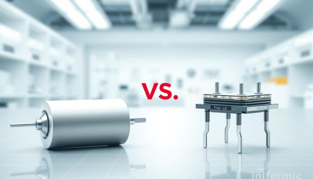 Ceramic vs film capacitor comparison, showcasing the distinct physical characteristics and construction. In the foreground, a sleek ceramic capacitor with its monolithic design and metallic terminations. In the middle, a film capacitor with its layered structure and distinct leads. The background displays a clean, well-lit laboratory setting, with subtle grid lines providing technical context. Rendered in high detail with a crisp, professional aesthetic. Informic Electronics branding subtly incorporated.