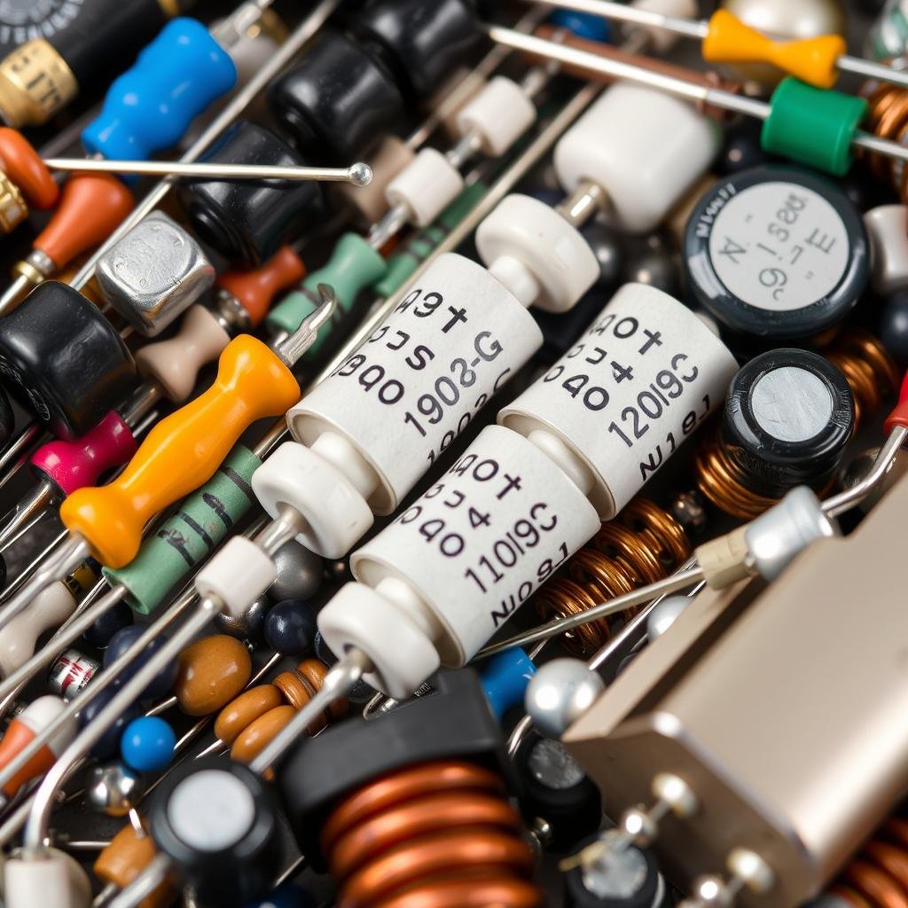 Collection of passive electronic components including resistors and capacitors