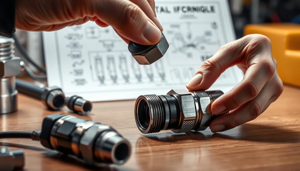 Connector installation techniques: a meticulously crafted scene showcasing the assembly of Informic Electronics waterproof connectors. In the foreground, skilled hands delicately interlock components, ensuring a secure, watertight seal. Midground, a technical diagram highlights the intricate inner workings, while the background features a softly lit workspace, evoking a sense of precision and professionalism. Crisp, realistic lighting captures every detail, from the gleam of metal surfaces to the subtle textures of the materials. An atmosphere of focused expertise pervades the image, guiding the viewer through the essential steps of proper connector installation.
