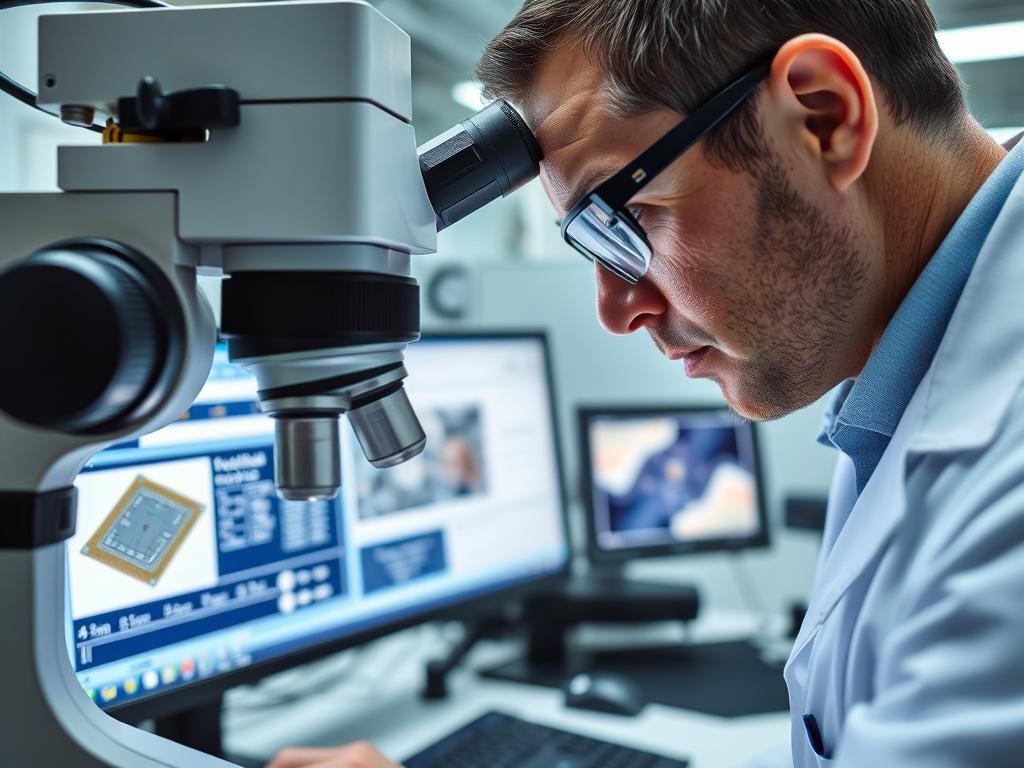 Counterfeit detection specialist using advanced equipment to verify authenticity of electronic components