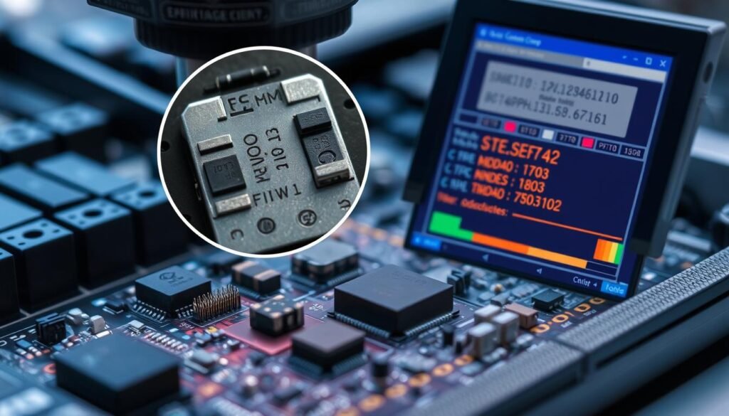 Counterfeit electronic components being inspected with specialized equipment