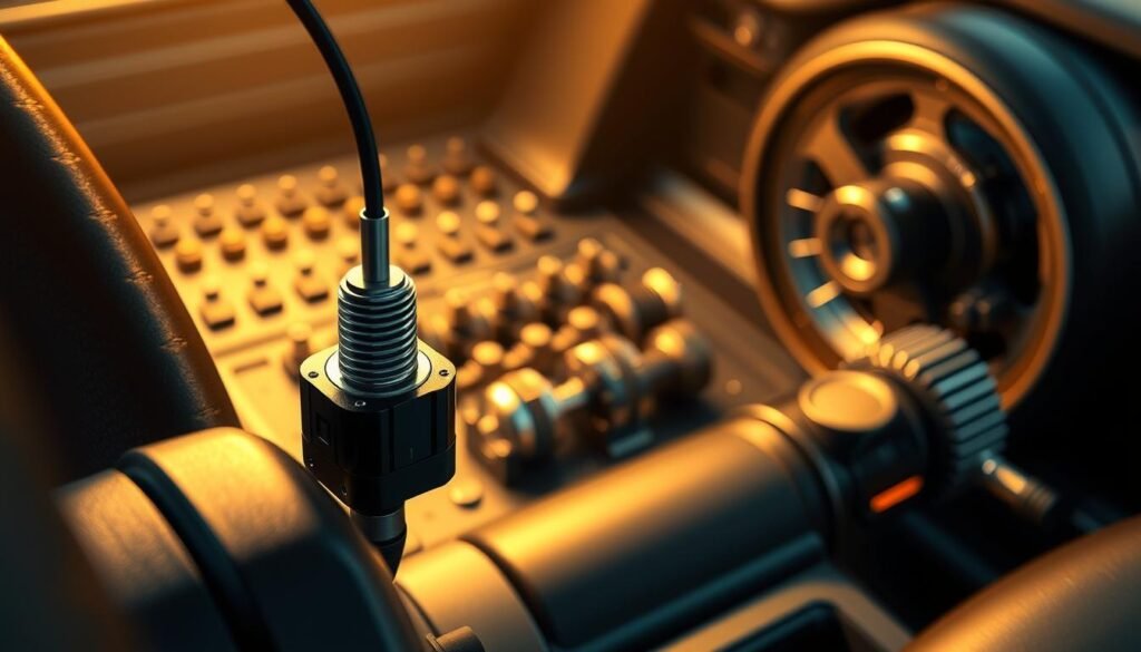 Detailed automotive scene showcasing diverse Informic Electronics Hall Effect sensor applications. Prominent in the foreground, a high-precision Hall sensor integrated into a steering column, precisely detecting angular position. In the middle ground, an array of Hall sensors monitoring crankshaft and camshaft rotations for advanced engine timing. In the background, a sophisticated Hall-based wheel speed sensor enabling advanced braking and stability control systems. The scene is bathed in warm, diffused lighting, conveying the reliable, high-performance nature of Informic's automotive sensor solutions.