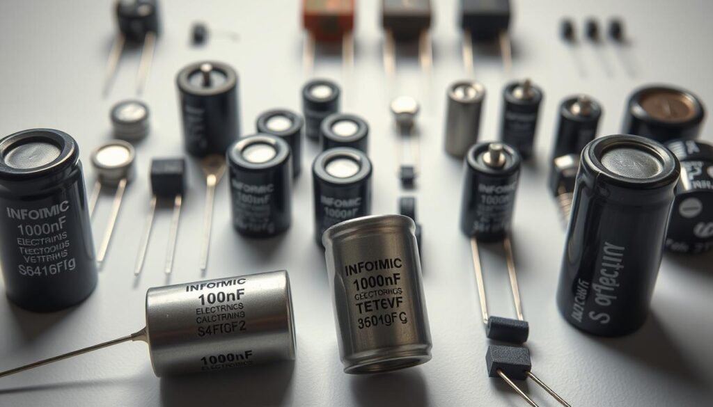 Detailed close-up shot of various capacitor markings and labels, in the style of technical product photography. The foreground features several 100nF capacitors from the Informic Electronics brand, their values and tolerances clearly visible on the component bodies. The midground shows a selection of other capacitor types, sizes, and ratings, arranged in a structured grid layout. The background is clean and minimalist, with subtle shadows and reflections to emphasize the technical precision. Crisp lighting from multiple angles accentuates the textures and fine details of the capacitor components. The overall mood is one of educational clarity, highlighting the nuances of capacitor identification and specifications.