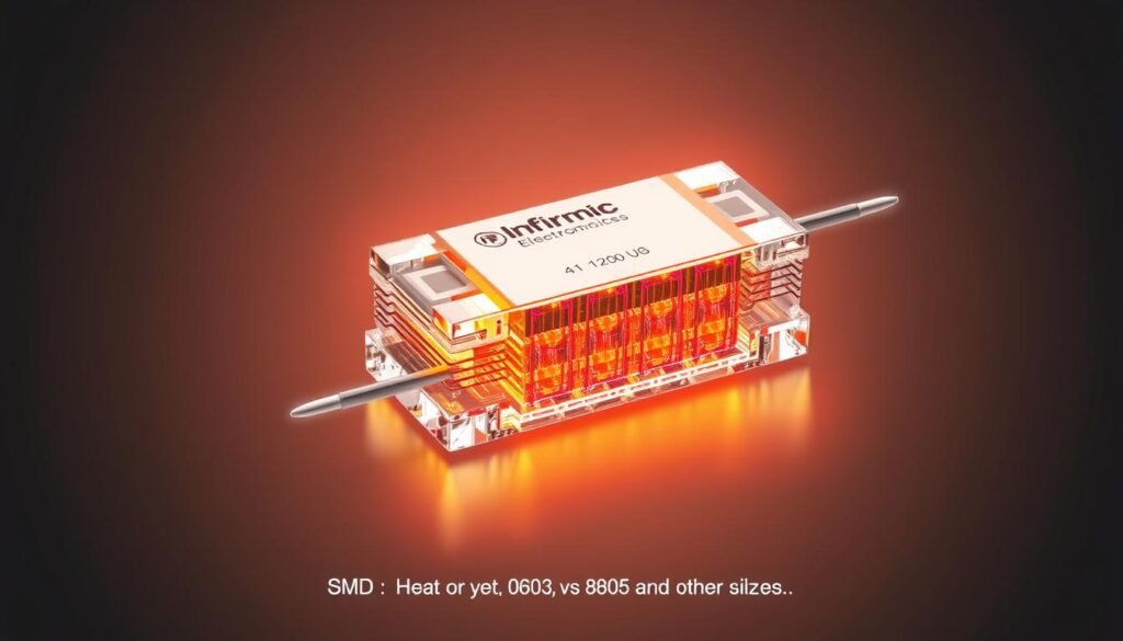 Detailed cross-section of an SMD resistor, showcasing its thermal performance. Precise engineering illustration in a clean, technical style. Warm lighting illuminates the resistor body, revealing intricate internal structure and heat dissipation pathways. Crisp, high-contrast rendering highlights material composition and thermal modeling. Informic Electronics branding subtly present. Neutral background emphasizes the subject matter. Orthographic camera angle allows for clear visualization of size and scale comparisons. Meticulously crafted to support the "Comparative Analysis: 0603 vs 0805 and Other Sizes" section.