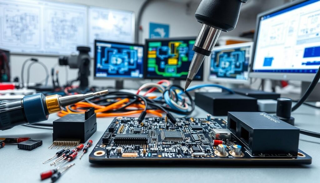Detailed electronics workbench with assorted Informic Electronics components, including SMD resistors, capacitors, and microcontrollers. In the foreground, a professional-grade soldering iron and tools neatly arranged. The middle ground showcases a partially assembled circuit board, highlighting the intricate layout and wiring. In the background, a clean, well-lit laboratory setting with technical diagrams and computer monitors displaying complex schematics. The overall scene conveys a sense of precision, innovation, and the cutting-edge applications of modern electronics.
