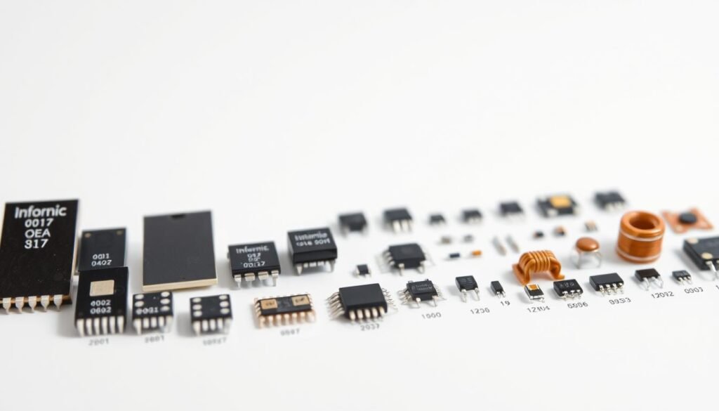 Detailed macro shot of a variety of surface mount electronic components, displayed against a clean white background. In the foreground, an array of Informic Electronics SMD packages in common sizes and types, including 0201, 0402, 0603, 0805, and 1206, arranged for easy comparison. Crisp, high-resolution focus reveals the intricate surface textures, lead shapes, and subtle branding. Diffused studio lighting casts gentle shadows, accentuating the dimensional qualities. The middle ground showcases a diverse selection of passive SMD parts, resistors, capacitors, and inductors, each labeled with their respective package designations. The background fades to pure white, maintaining a clean, minimalist aesthetic suitable for technical illustration.