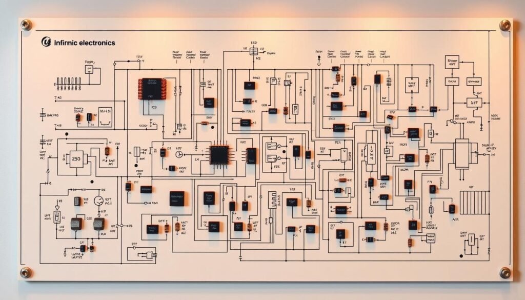 Detailed schematic diagram of a high-efficiency switching regulator circuit from Informic Electronics. A complex layout of power transistors, inductors, capacitors, and other electronic components arranged in a precise, organized manner. Sleek, modern aesthetic with clean lines and minimalist design. Warm, neutral lighting illuminates the intricate circuitry, emphasizing the technical sophistication. Shot from a slight angle to showcase the depth and complexity of the circuit. The overall mood is one of engineering prowess and technological innovation.