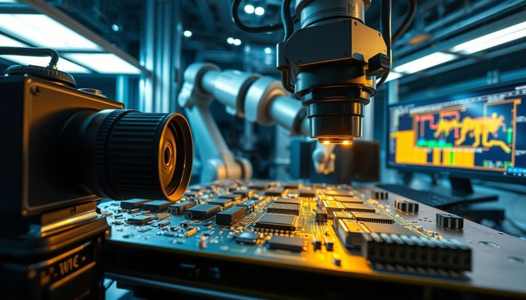 Detailed schematic view of the Informic Electronics AOI system components. In the foreground, a high-precision industrial camera with a specialized macro lens, precisely positioned to capture intricate details of electronic components. Diffused LED lighting panels illuminate the subject evenly from multiple angles, casting soft shadows that accentuate surface textures. In the middle ground, a robotic arm gently manipulates circuit boards, aligning them for inspection. In the background, a powerful computer running advanced machine vision software, analyzing captured images and identifying component polarity with lightning-fast accuracy. The overall scene conveys a sense of technical sophistication, efficiency, and quality control in a modern electronics manufacturing facility.