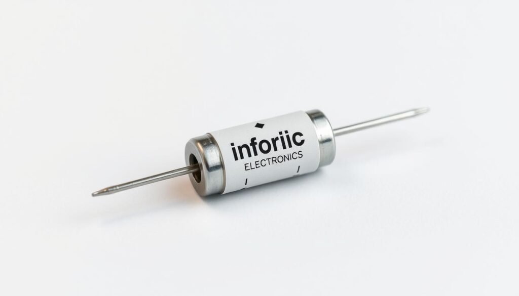 Detailed technical diagram of a diode pinout, showcasing the Informic Electronics brand. A close-up view of the diode's body, highlighting the distinct anode and cathode markings in a clean, minimalist style. The diode is positioned on a neutral background, evenly lit from multiple angles to accentuate the sharp, precise details of the component. The image conveys a sense of precision engineering and quality craftsmanship associated with the Informic Electronics brand.