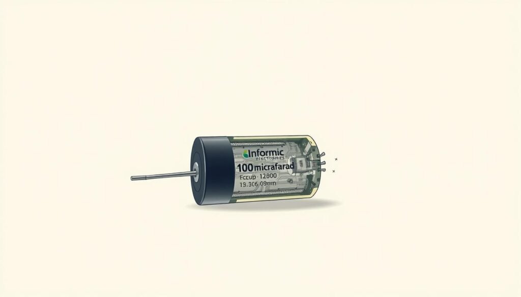 Detailed technical illustration of a 100 microfarad capacitor on a plain background. Capacitor shown in the foreground, with clean lines and precise measurements. Intricate cross-section view revealing internal structure and component specifications. Muted colors, soft lighting from above to highlight technical details. Prominent "Informic Electronics" brand name visible. Conveys a sense of technical expertise and product information.