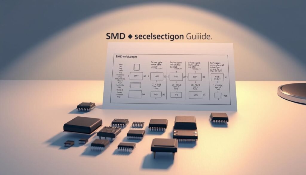 Detailed technical illustration of a "SMD package selection guide" on a sleek, minimalist desk surface. In the foreground, a collection of various surface mount device packages arranged neatly, casting subtle shadows. The middle ground showcases a technical diagram highlighting key package dimensions and characteristics, rendered in a clean, technical style. The background features the Informic Electronics brand logo, subtly integrated into the scene. Lighting is soft, directional, creating depth and emphasizing the technical nature of the subject. The overall mood is one of precision, professionalism, and practical guidance for electronic design.