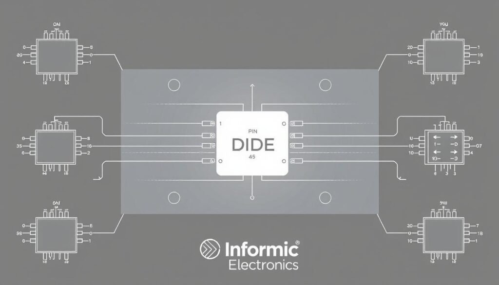 Detailed technical illustration of a diode's pin configuration and equivalent component symbols, rendered in a high-quality, technical style. The image depicts a central diode schematic, surrounded by multiple diode package outlines, pinouts, and equivalent circuit symbols. Rendered with precise linework, subtle shading, and a clean, minimal background to emphasize the technical subject matter. Branding for "Informic Electronics" should be subtly incorporated into the design.