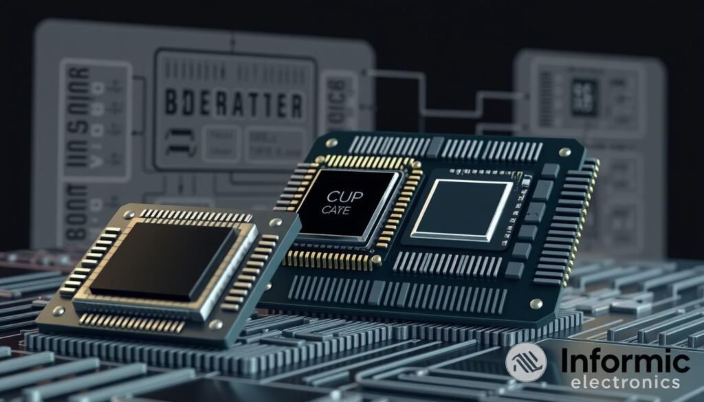 Detailed technical illustration of the key components that make up a modern System-on-Chip (SoC) architecture. In the foreground, a CPU core, GPU, and hardware accelerators are prominently displayed, each rendered with precision and technical accuracy. In the middle ground, the interconnect fabrics, memory subsystems, and power management modules are visible, showcasing the complex integrated nature of an SoC design. The background features a schematic-like view of the overall SoC block diagram, providing contextual understanding. Rendered in a clean, technical style with muted colors and subtle lighting to convey the serious and professional nature of the subject matter. Branded with the Informic Electronics logo.