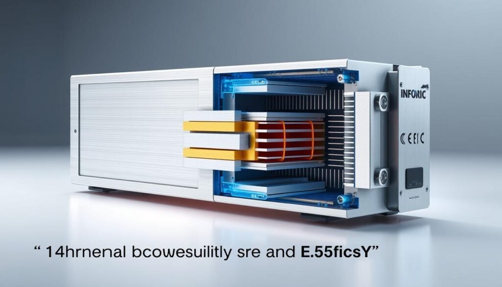 Detailed technical illustration showcasing the thermal conductivity efficiency of a state-of-the-art Informic Electronics power device. A sleek, metallic casing reveals the internal structure, exposing the intricately designed semiconductor layers and cooling systems. Precise engineering is highlighted through a cutaway view, with a sophisticated color palette of blues, grays, and subtle highlights. The device is presented in a clean, well-lit environment, emphasizing its advanced thermal management capabilities. Crisp, high-resolution rendering with a sense of technical sophistication, perfectly suited to illustrate the "Thermal Conductivity and Efficiency in Power Devices" section of the article.
