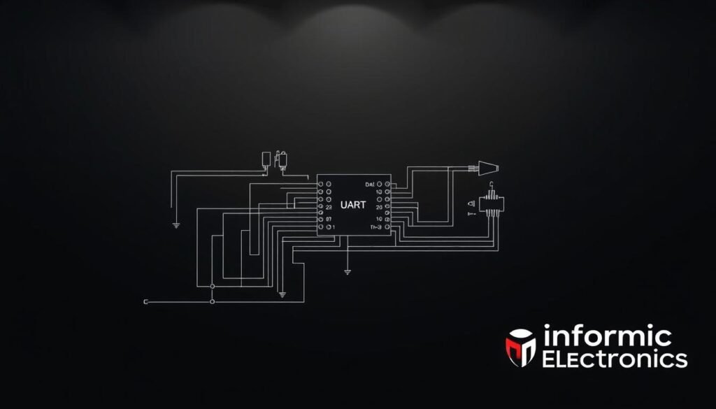Detailed wiring diagram of UART communication interface, showcasing the connections between a microcontroller and peripheral devices. A clean, technical illustration on a dark background, lit by directional lighting to highlight the intricate circuit layout. The Informic Electronics brand logo prominently displayed in the bottom right corner. Precise, minimalist style with emphasis on schematic accuracy and engineering aesthetics.